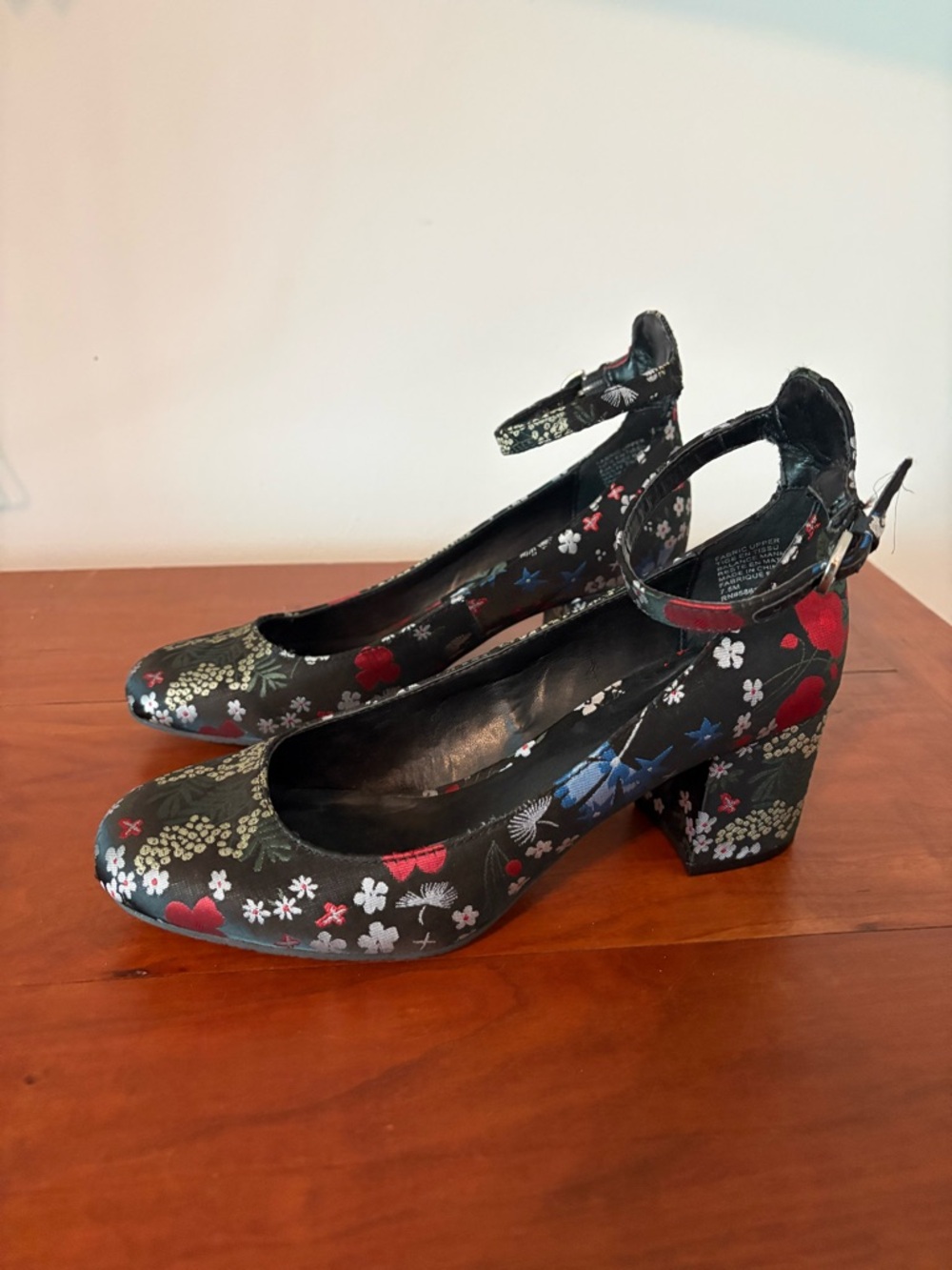 Floral Tapestry Block Heel Mary Jane Pumps Ankle Strap BP Black Shoes 7.5 - Picture 2 of 8
